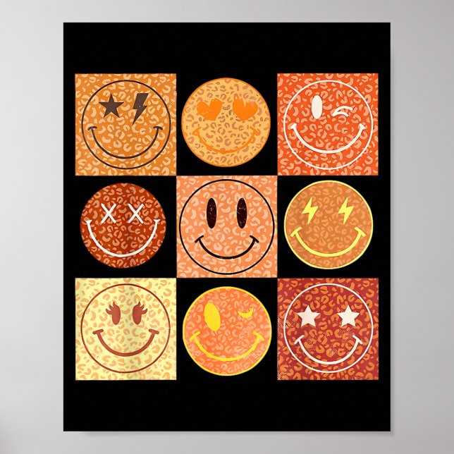 Retro Leopard Happy Face Checkered Pattern Smile F Poster (Front)