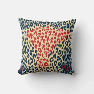 Retro Leopard Print Skin (Red, Blue, Cornsilk) Throw Pillow