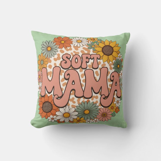 Retro Leopard Print "Soft Mama" Floral Graphic Des Throw Pillow (Front)