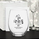 Retro Let's Get Groovy Name 60th Birthday Stemless Wine Glass<br><div class="desc">60th birthday party personalized with name and date stemless wine glass for your sixtieth birthday party celebration. The words "Let's Get Groovy" are custom designed using trending Retro Black and Silver font typography. . Text colors for the words below can be changed using the edit menu. Fun, classy and stylish!...</div>