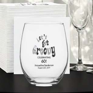 Retro Let's Get Groovy Name 60th Birthday Stemless Wine Glass