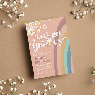 Retro Let's Groovy Daisy Rainbow Any Age Birthday Invitation