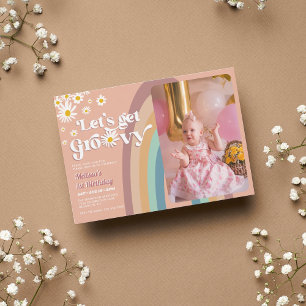 Retro Let's Groovy Daisy Rainbow Photo Birthday Invitation