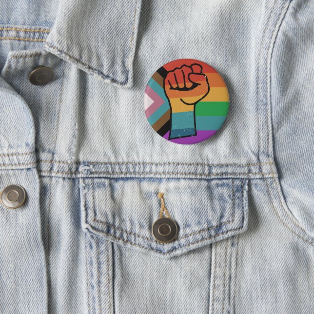 Retro LGBTQ+ Pride Fist 2 Inch Round Button (In Situ)