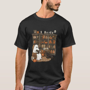 Retro Librarian Bookshelf Teacher Boujee Ghost Cat T-Shirt
