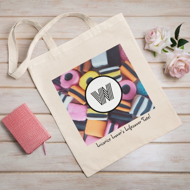 Retro Licorice Allsorts Monogram with Custom Text Tote Bag (Add monogram initial and your own text to personalize)