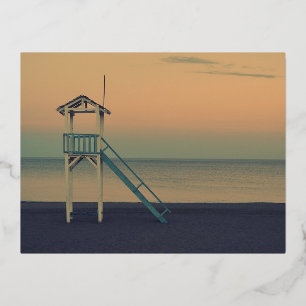Retro Lifeguard Beach Tower Sunset Photo Foil Holiday Postcard