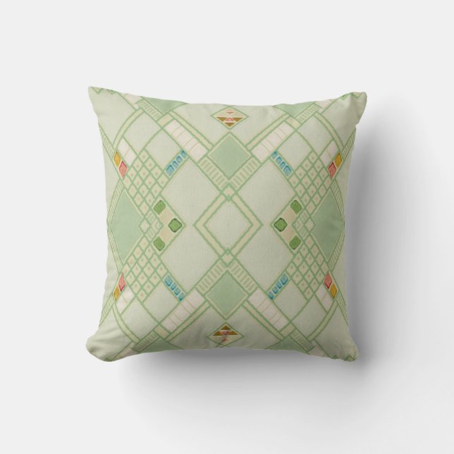 Retro Light Green Geometric Bohemian Tile Pattern Throw Pillow (Front)