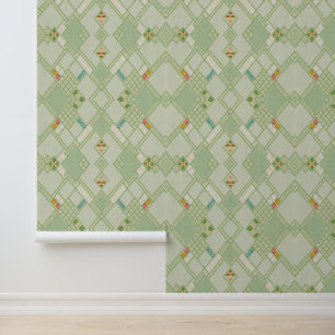 Retro Light Green Geometric Bohemian Tile Pattern Wallpaper