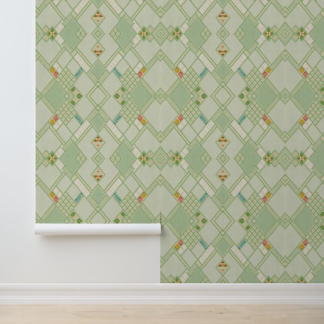 Retro Light Green Geometric Bohemian Tile Pattern Wallpaper (Application)
