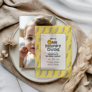 Retro Lightning One Happy Dude 1st Birthday Photo Vellum Invitations