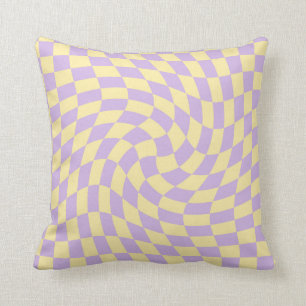 Retro Lilac Yellow Pastel Warped Chequerboard Throw Pillow