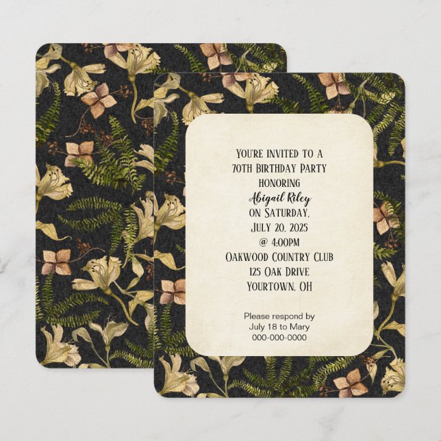retro lily pattern on black party invite (Front/Back)