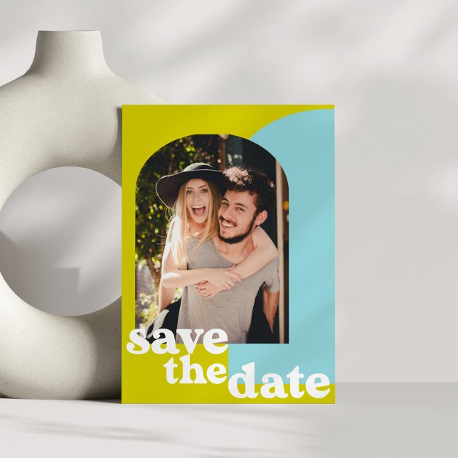 Retro Lime Blue Geometric Couple Photo Wedding Save The Date (Creator Uploaded)