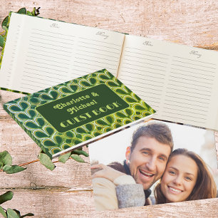Retro Lime Green 1970s Pattern   Photo Wedding Guest Book