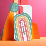 Retro Line Arch Pastel Rainbow Colours Script Name iPhone 15 Case<br><div class="desc">A funky line arch pattern with pastels - blue, green, yellow, orange and red. The retro design includes curves and lines in thick colours. Add your name or delete the text for a fun retro cover. The name is a trendy script font in grey. If you click on the customize...</div>