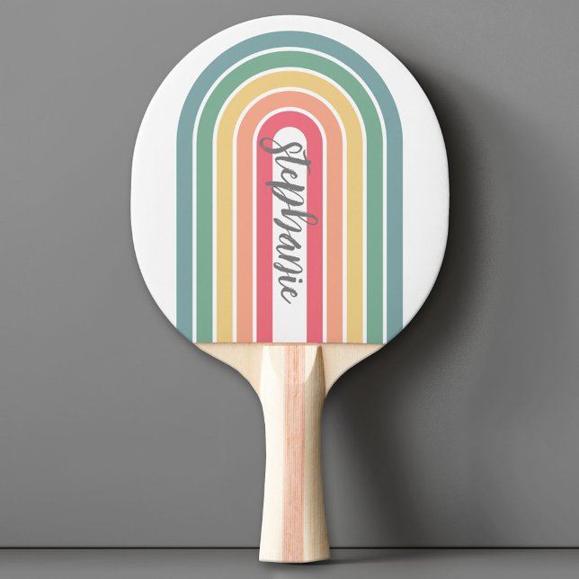 Retro Line Arch Pastel Rainbow Colours Script Name Ping Pong Paddle (Custom Ping Pong Paddle)
