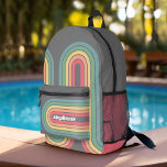 Retro Line Arch Pastel Rainbow Colours Script Name Printed Backpack<br><div class="desc">A funky line arch pattern with pastels - blue, green, yellow, orange and red. The retro design includes curves and lines in thick colours. Add your name or delete the text for a fun retro design. The name is a trendy script font in white. If you click on the customize...</div>