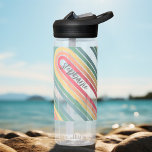 Retro Line Arch Pastel Rainbow Colours Script Name Water Bottle<br><div class="desc">A funky line arch pattern with pastels - blue, green, yellow, orange and red. The retro design includes curves and lines in thick colours. Add your name or delete the text for a fun retro design. The name is a trendy script font in grey. If you click on the customize...</div>