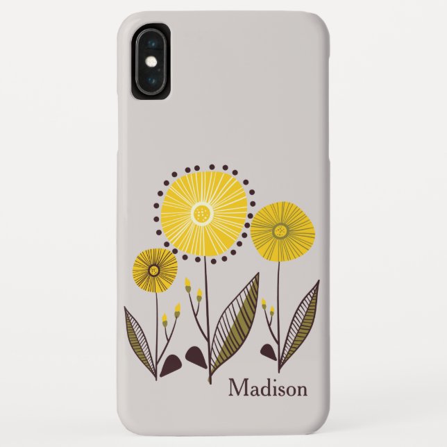 Retro Line Art Yellow Floral Personalized Name Case-Mate iPhone Case (Back)