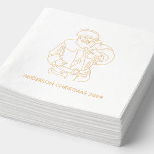 Retro Line Drawn Santa Personalized Gold Napkins