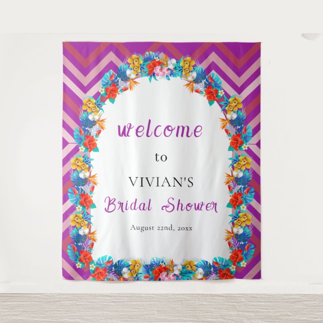 Retro Line Magenta Tropical Bridal Shower Welcome Tapestry (Front)