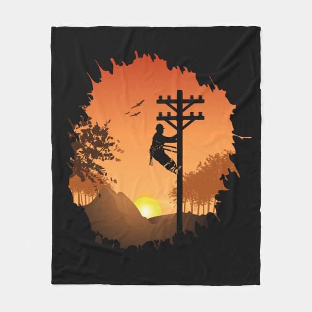 Retro Lineman Sunset Father Electric Cable Lineman Fleece Blanket (Front)