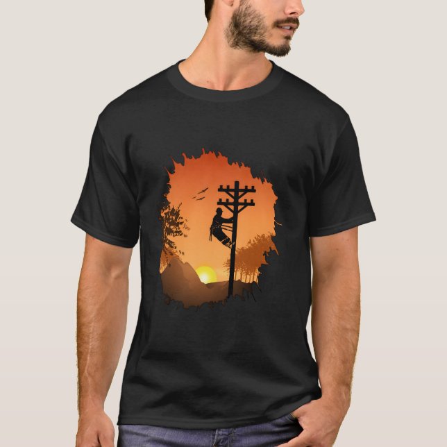 Retro Lineman Sunset Father Men Electric Cable Lin T-Shirt (Front)