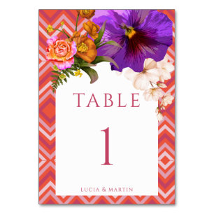 Retro Lines Floral Fuchsia Monogram Wedding Table Number