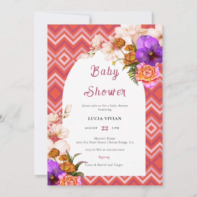 Retro Lines Floral Magenta Fuchsia Baby Shower Invitation (Front)