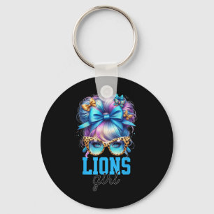 Retro Lions Girl Messy Bun Sports Fan Team Matchin Keychain