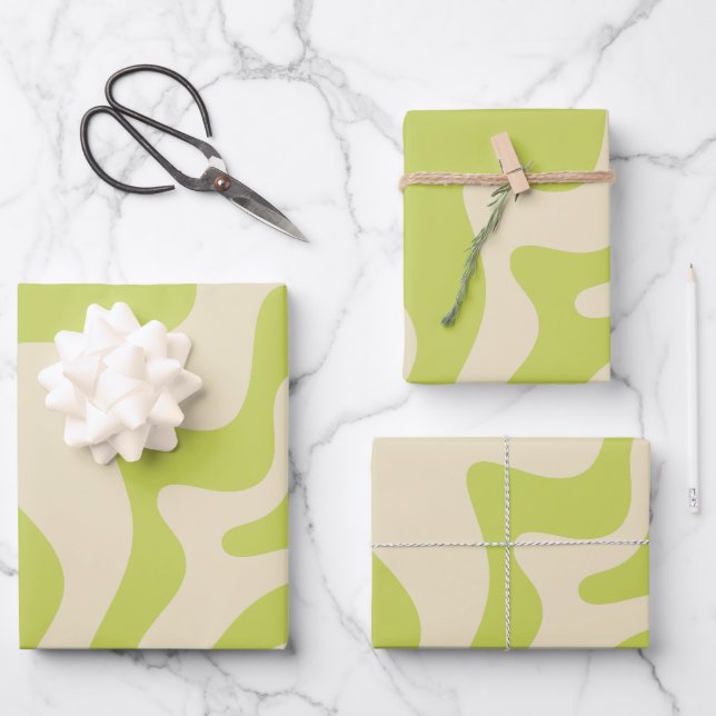 Retro Liquid Swirl Abstract Light Lime Beige Wrapping Paper Sheet (Front)