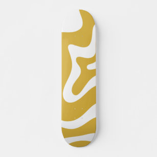 Retro Liquid Swirl Abstract Mustard and White Skateboard