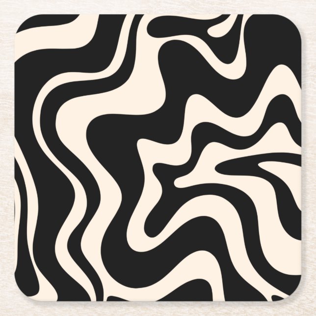 Retro Liquid Swirl Abstract Pattern Black Cream Square Paper Coaster (Front)