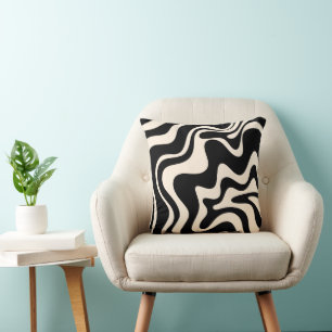 Retro Liquid Swirl Abstract Pattern Black & Cream Throw Pillow