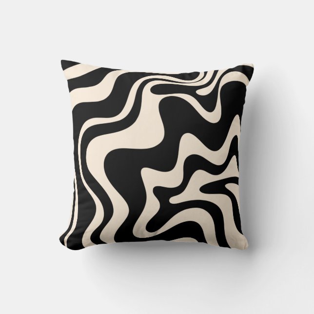 Retro Liquid Swirl Abstract Pattern Black Cream Throw Pillow (Front)