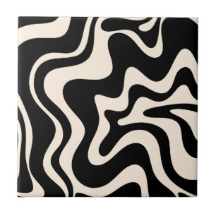 Retro Liquid Swirl Abstract Pattern Black Cream Tile