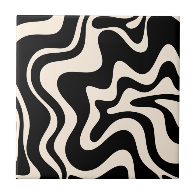 Retro Liquid Swirl Abstract Pattern Black Cream Tile (Front)