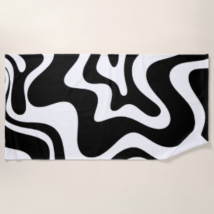 Retro Liquid Swirl Abstract Pattern Black & White Beach Towel