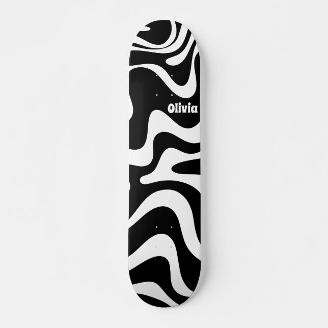 Retro Liquid Swirl Abstract Pattern Black & White Skateboard (Front)