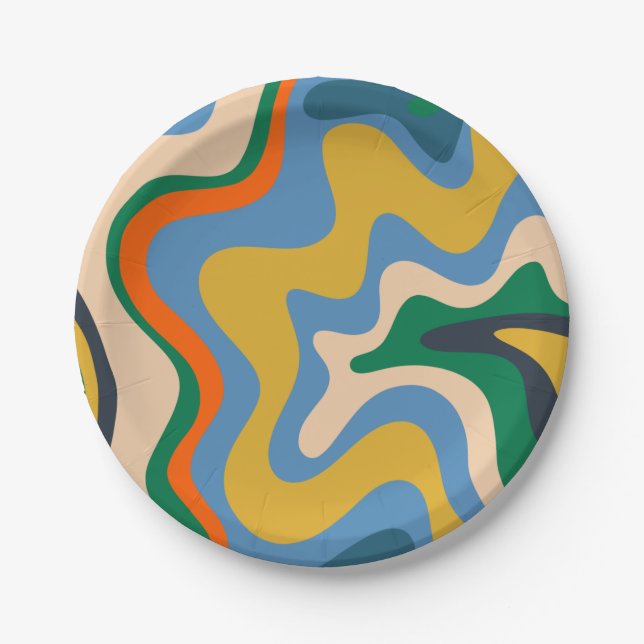 Retro Liquid Swirl Abstract Pattern Blue Mustard Paper Plate (Front)