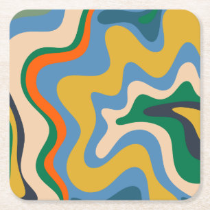 Retro Liquid Swirl Abstract Pattern Blue Mustard Square Paper Coaster