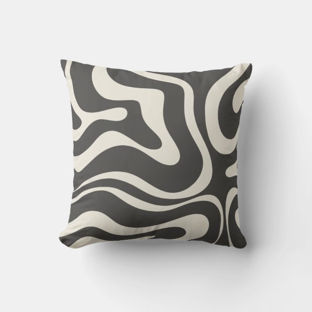 Retro Liquid Swirl Abstract Pattern Charcoal Cream Throw Pillow (Front)