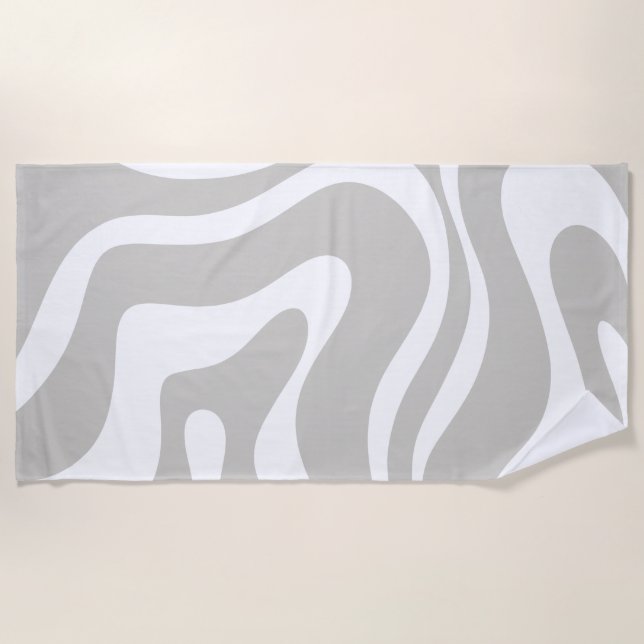 Retro Liquid Swirl Abstract Pattern Grey White Beach Towel (Front)