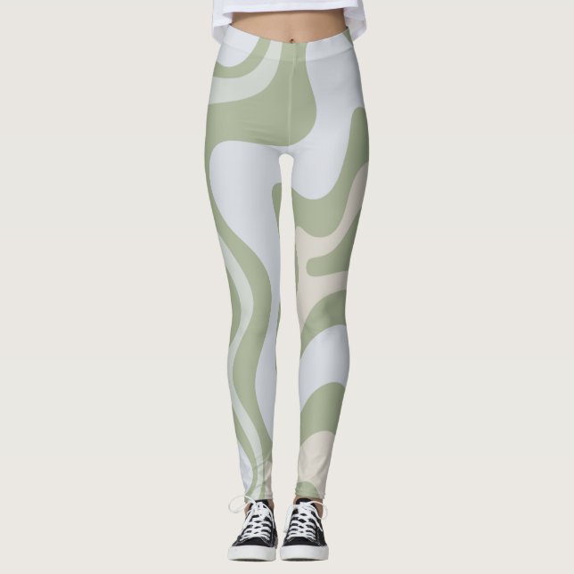 Retro Liquid Swirl Abstract Pattern in Sage Green Leggings (Front)