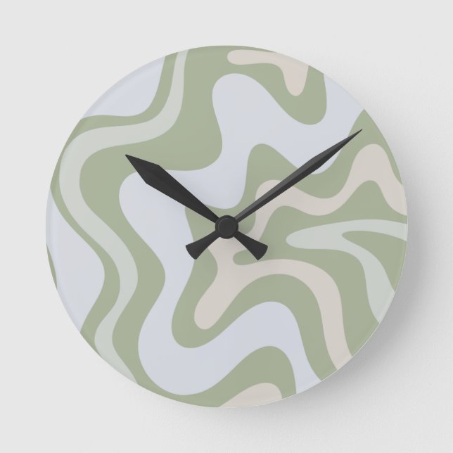 Retro Liquid Swirl Abstract Pattern in Sage Green Round Clock (Front)