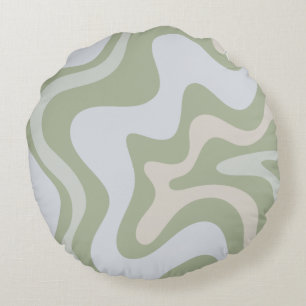 Retro Liquid Swirl Abstract Pattern in Sage Green Round Pillow