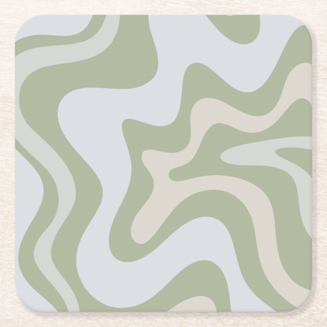Retro Liquid Swirl Abstract Pattern in Sage Green Square Paper Coaster (Front)