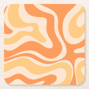 Retro Liquid Swirl Abstract Pattern in Soft Orange Square Paper Coaster