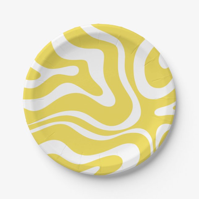 Retro Liquid Swirl Abstract Pattern in Yellow Paper Plate (Front)